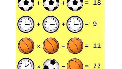 Coba hitung nilai jam dinding dikalikan bola sepak kemudian dikurangi bola basket. Temukan jawabannya dalam waktu 10 detik.