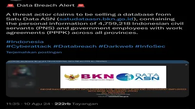 Data BKN Diduga Diretas, Sebanyak 4,7 Juta Data PNS dan PPPK Seluruh Provinsi Dijual Oleh Hacker