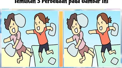 Tugas kamu adalah menemukan 3 perbedaan di antara kedua gambar anak-anak bermain perang bantal dalam batas waktu yang telah ditentukan.