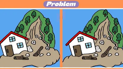 Menemukan tiga perbedaan pada dua gambar rumah longsor yang hampir identik merupakan tes penglihatan yang membutuhkan kejelian dan fokus. 