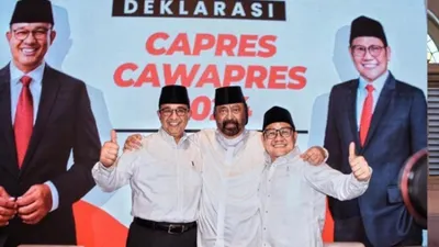 Anies Baswedan (kiri), Surya Paloh (tengah) dan Muhaimin Iskandar aau Cak Imin (kanan)