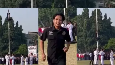 Aksi heroik seorang pria panjat tiang bendera di upacara HUT RI ke-78 di Ciputat