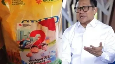 Muhaimin Iskandar alias Cak Imin, cawapres nomor urut 1 menanggapi foto beras bulog yang beredar dengan stiker Prabowo-Gibran.