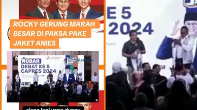 Beredar video Rocky Gerung marah besar karena dipaksa pakai jaket timses Anies Baswedan.