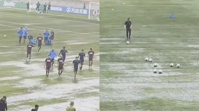 Jakarta International Stadion (JIS) diguyur hujan lebat menjelang pertandingan laga perempat final Piala Dunia U17 antara Brasil melawan Argentina pada Jumat, 24 November 2023.