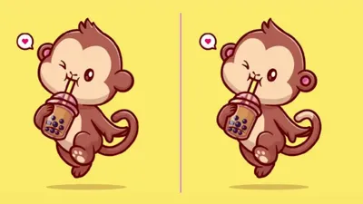 Kali ini tantangan tes IQ adalah berupa mencari perbedaan dari kedua gambar kartun monyet yang sedang minum boba.
