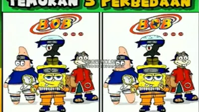 Pada gambar Spongebob Squarepants versi Naruto ini terdapat 5 perbedaan di antara kedua sisi yang terlihat serupa.