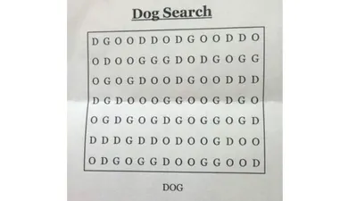 Dalam tes IQ kali ini kamu dituntut untuk menemukan satu kata pada sebuah gambar. Coa temukan kata &quot;Dog&quot; dalam waktu 15 detik saja.