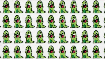 sekumpulan monster berwarna hijau yang terlihat identik.