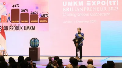 Presiden Jokowi menghadiri UMKM EXPO(RT) BRILIANPRENEUR 2023 diselenggarakan di Jakarta Convention Center pada tanggal 7 sampai 10 Desember 2023. 