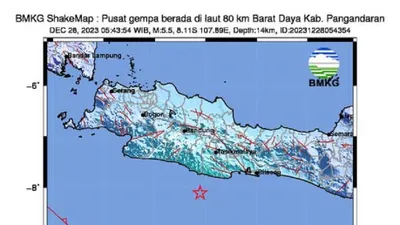 Telah terjadi gempa bumi yang mengguncang Kabupaten Pangandaran, Jawa Barat, pada Kamis, 28 Desember 2023.
