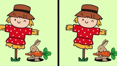 Pada gambar di atas kita bisa melihat satu boneka jerami yang mengenakan pakaian merah, dan ditemani oleh seekor kelinci.