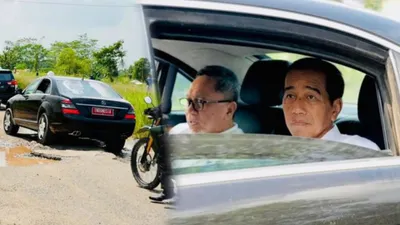 Foto kolase saat Presiden Jokowi tinjau jalanan rusak di Lampung.