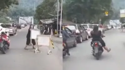 seorang emak emak berdaster di sukabumi viral karena bukakan jalan bagi ambulans ditengah kemacetan