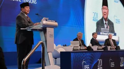 Menteri Pertahanan Prabowo Subianto dalam IISS Shangri-La Dialogue di Singapura, 2-4 Juni 2023.