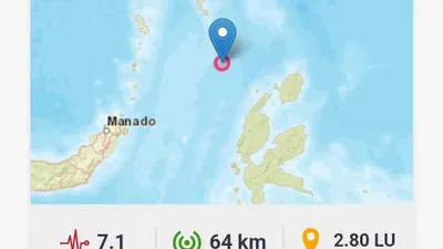 Guncangan gempa bumi tektonik M 7.1 dirasakan di Melonguane, Kepulauan Talaud, Sulawesi Utara, Rabu, 18 Januari 2023, pukul 13.06 WIB.a Berkekuatan Magnitudo 7,1 Guncang Sulawesi Utara Hari Ini