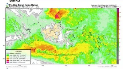 BMKG telah merilis potensi cuaca ekstrem hujan lebat saat libur Nataru atau Natal 2022 dan Tahun Baru 2023.