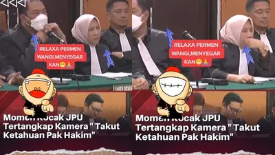 Kocaknya Jaksa Sugeng Hariadi dan rekannya sembunyi-sembunyi makan permen di ruang sidang, diduga takut ketahuan hakim. 