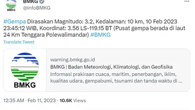 Polewali Mandar Sulawesi Barat Diguncang Gempa 3.2 Magnitudo