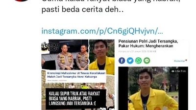 Viralnya kasus seorang mahasiswa UI yang ditabrak lari oleh pensiunan polisi dan justru dijadikan tersangka juga mengundang cuitan geram netizen.