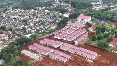 Foto udara hunian tetap relokasi bagi masyarakat terdampak Gempa Cianjur yang dibangun oleh Kementerian PUPR / ANTARA / HO 