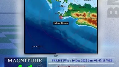 BMKG melaporkan telah terjadi gempa bumi di Sumur, Banten dengan kekuatan 4,1 magnitude pada Jumat, 16 Desember 2022.