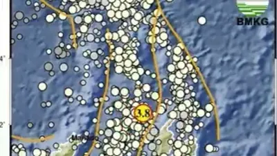BMKG menyampaikan gempa bumi adanya berkekuatan M 3,8 berlokasi di darat mengguncang wilayah Jantho, Aceh Besar pada Minggu, 1 Januari 2023.