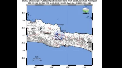 Tangkapan layar peta guncangan gempa magnitudo 3,8 di wilayah Kabupaten Kuningan, Jawa Barat yang berlokasi di darat pada kedalaman 5 km, pukul 4.18 WIB, Kamis (22/12/2022).(Antara/HO-BMKG) 