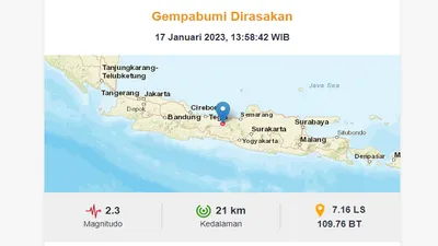Kabupaten Pekalongan diguncang gempa dengan kekuatan magnitudo 2,3 pada Selasa, 17 Januari 2023 siang ini.