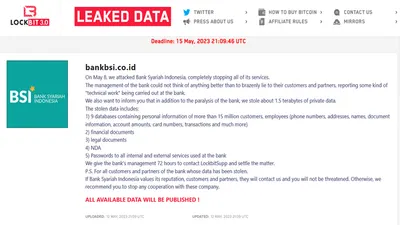 Hacker LockBit Ancam Sebar 15 Juta Data Nasabah BSI