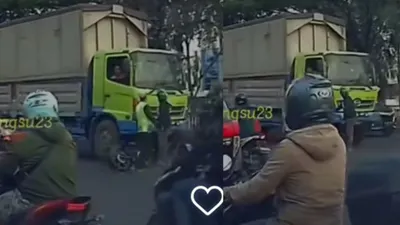 Aksi Pemotor Kurang Hati-hati Berakhir Ditabrak Truk Hingga Hampir Terlindas