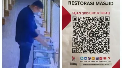 kolase foto Pelaku penipuan Sticker QRIS saat melacarkan aksinya. dengan tampilan sticker yang digunakannya