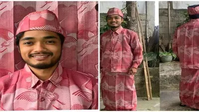 Viral Outfit Lebaran yang Unik, bertema Menyatu dengan Gorden di Rumah