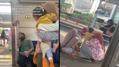 Ibu dan anak ini harus rela diturunkan oleh petugas KRL karena sang anak yang rewel karena tantrum dan tak mau diam.