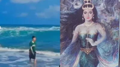Pemuda Nekat Terjang Ombak Pakai Baju Hijau di Pantai Selatan