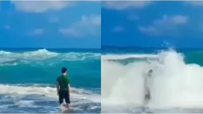 Seorang pria malah menantang! Ia ingin membuktikan mitos di Pantai Selatan. Pria tersebut nekat memakai baju hijau dan berdiri menunggu ombak.