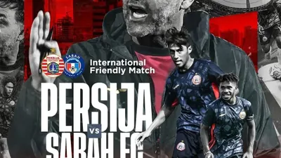 Flayer laga uji coba internasional Persija Jakarta vs Sabah FC Malaysia di Stadion Patriot Candrabaga Bekasi, Jawa Barat, Minggu (5/6/2022). Persija kalah 1-2.