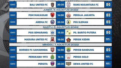 Jadwal Liga 1 musim 2022-2023 pekan ke 3.&nbsp;