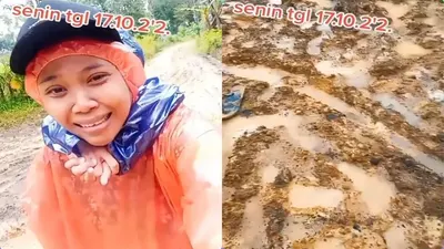  Jerit Hati Seorang Ibu Warga Pagerlor Pacitan, Gendong Anak Berangkat Sekolah Lewat Jalan Becek, Berlumpur/ tangkaplayar @merindink 