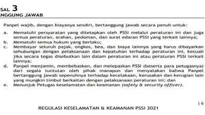 Isi regulasi keamanaan dan keselamatan PSSI yang dibuat pada tahun 2021. Tangkapan Layar/File Regulasi Keamanaan dan Keselamatan PSSI (pssi.org)