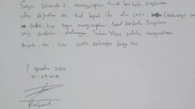Isi surat Bharada E ke keluarga Brigadir J. Foto/Ist.