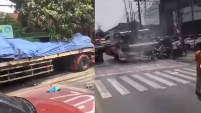 Kecelakaan Truk Tronton Tabrak Tiang Telekomunikasi di Depan SD Kota Bekasi