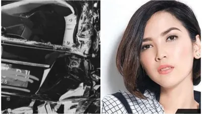 Kolase foto Potret mobil Dinda Kanya Dewi setelah alami kecelakaan.
