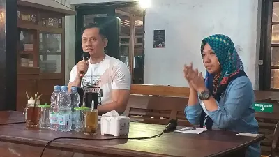 Ketum Partai Demokrat, AHY saat melakukan konferensi pers di Yogyakarta.