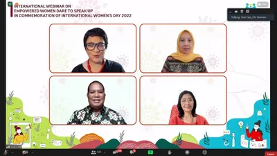 Situasi webinar internasional berjudul &ldquo;Empowered Women Dare to Speak Up&rdquo; dalam rangka merayakan Hari Perempuan Internasional 2022.