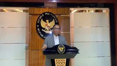 Tangkapan layar video konfrensi pers Menko Polhukam Mahfud MD terkait Penuntasan Kasus Kematian Brigadir Joshua.