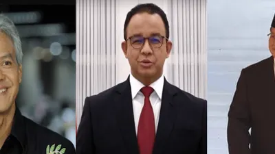 Kolase foto Anies Baswedan diapit Ganjar Pranowo dan Prabowo Subianto.