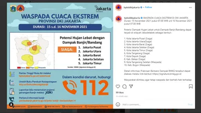 Waspada Cuaca Ekstrem Berpotensi Banjir di Jabodetabek/ Isntagram BPBD DKI Jakarta