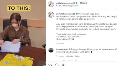 Tangkapan layar saat Prilly Latuconsina menandatangani berkas kepemilikan 10 saham klub Liga 3 Nasional, Persikota Tangerang.