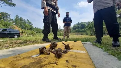 Dua granat nanas yang sudah dilakukan disposal atau penghancuran oleh tim Gegana Brimob Polda Jabar di lapangan tembak dollar di Kecamatan Mangkubumi, Kota Tasikmalaya, Kamis (11/3/2021). (Ayotasik.com/Heru Rukanda).